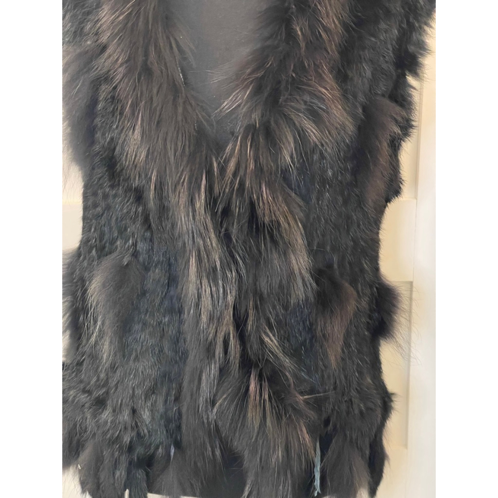 Tourance Genuine Rabbit Fur Vest w/ Long Hair Fur Trim Black Size M - Picture 3 of 8